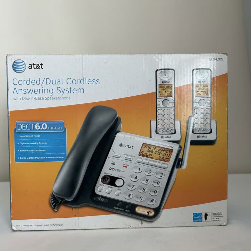 AT&T CL84209 DECT 6.0 Corded Dual Cordless Phone Answering System 2 Handsets
